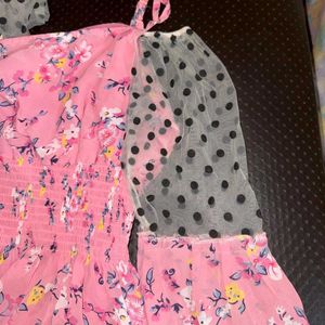 Pink Floral Top with Polka Dot Sleeves