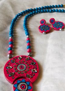 Mirror Work Pink With Blue Terracotta Jewellery