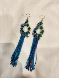 Beaded Earrings with Blue Chain Tassels