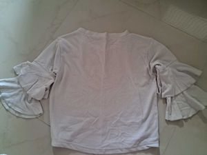 Cute Girls’ Ruffle Sleeve Top – Off White with Em