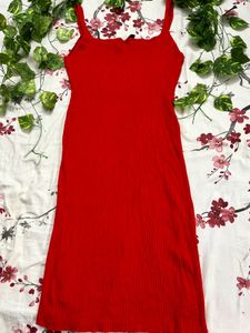 H&amp;M Women’s Red Ribbed Bodycon Dress with Leg Slit