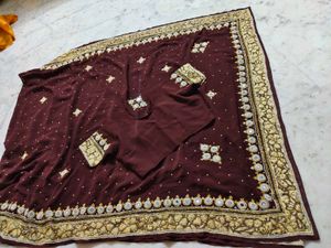 Brown 🤎 Saree With Blouse Stone Works Beautiful ❤