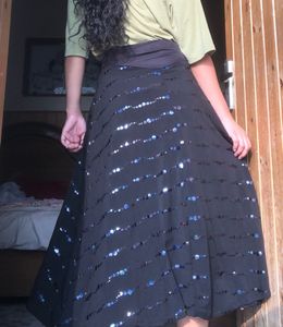High Waist Long Black Skirt With Blue Sequence