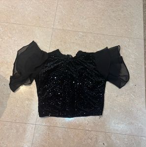 Sparkly Black Crop Top With Ruffal Sleeves