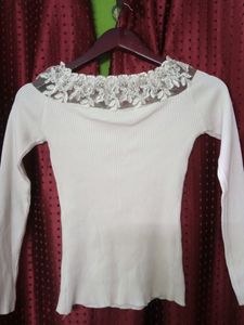 Off White Lace Work Winter Wear