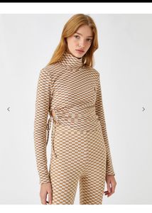 Winter Polo Neck Side Cut Out Checkered Top