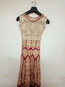 Beautiful Meroon Gown With Overcoat Dupatta And Pa