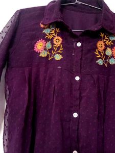 Embroidered Purple Sheer Top