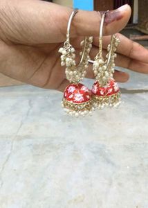 Red Floral Jhumka Earrings