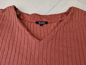 Zudio Rust Ribbed V-Neck Top
