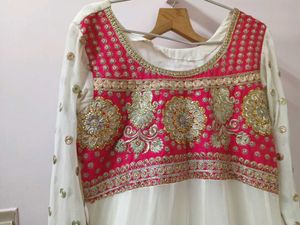 White &amp; Pink Embroidered Anarkali