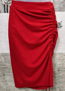 Chic Red Ruched Midi Skirt