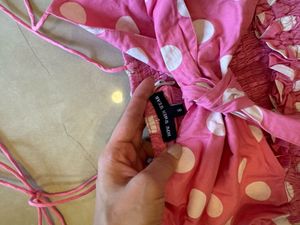 Pink Dotted Print Tie Midi Dress New
