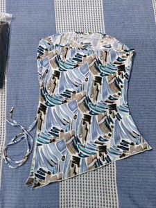 Strapless Slit Ruched Tie-Up Abstract Print Top