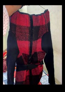 Red &amp; Black Plaid Coat with Belt