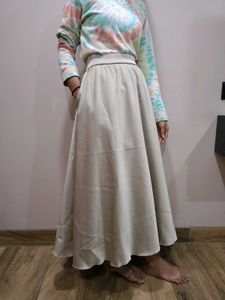 "Elegant Beige Satin A-line Midi Skirt"