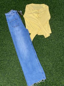 Wide Leg Jeans &amp; Yellow Shrug Top Set
