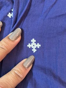 Blue Cotton Thread Work Short  Kurti