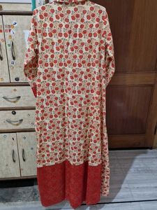 Coral Red, And Beige Colour Cotton Dress Gown