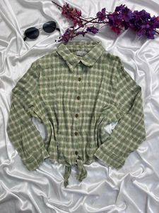 Green Plaid Tie-Front Top