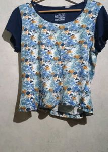 Abstract Print Tee with Navy Sleeves