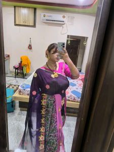 Purple Pink Flower Work Saree With Blouse.