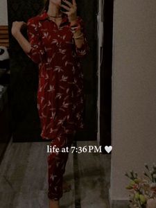 Red Leaf Print Co-ord Set - Tunic & Pants