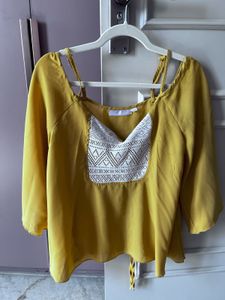 Mustard Blouse with Lace Detail