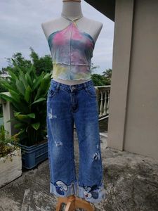 Tie Dye Halter Top & Cartoon Jeans