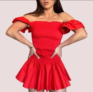 Zara Boho Cotton Bright Red Ruffles Smocked