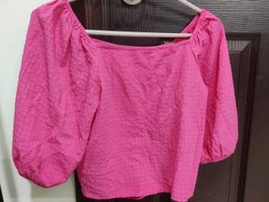 Pink Puff Sleeve Ruched Crop Top