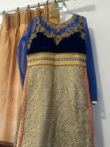 Velvet Karachi Gown ..heavy Work On Neck Double Layered Top Pant N Dupatta