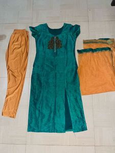 Teal &amp; Gold Embroidered Kurta Set