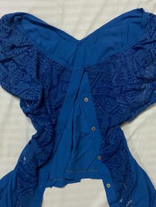 Blue Lace Trim Button Down Top