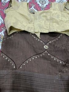 Brown Saree With Golden Colour Blouse