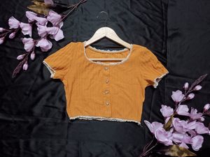 Musturd Ribbed Crop Top with Button Details