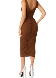 Brown Ruched Bodycon Midi Dress