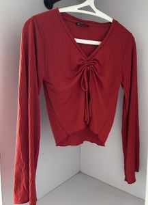 Rust Ribbed Long Sleeve Tie Top