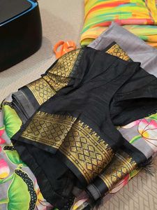 Art Silk Black Grey Handpainted Saree With Blouse