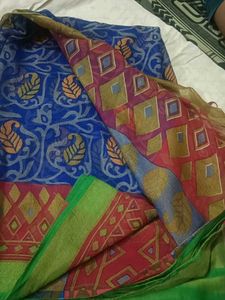 Blue &amp; Red Patterned Saree