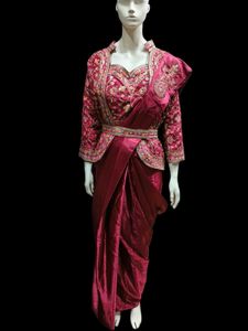 Burgundy Embroidered Saree with Jacket