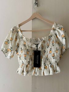 Floral Print Puff Sleeves Cinched Waist Crop Top