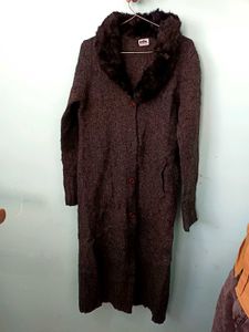 Faux Fur Collar Long Cardigan