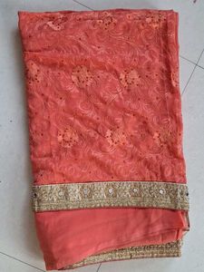 Peach &amp; Black Embroidered Saree