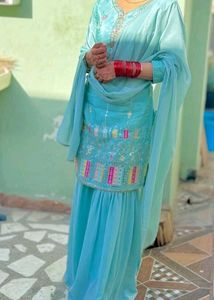 Teal Embroidered Sharara Suit Set