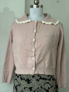 Pink Cardigan with Lace Collar