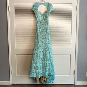 La Femme Aqua Lace Gown