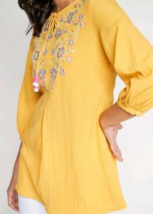 Global Desi Mustard Embroidered Top