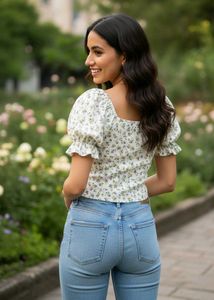 Charming White Floral Puff Sleeve Crop Top | Tie F