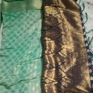 Blue &amp; Gold Sari With Designer Blouse